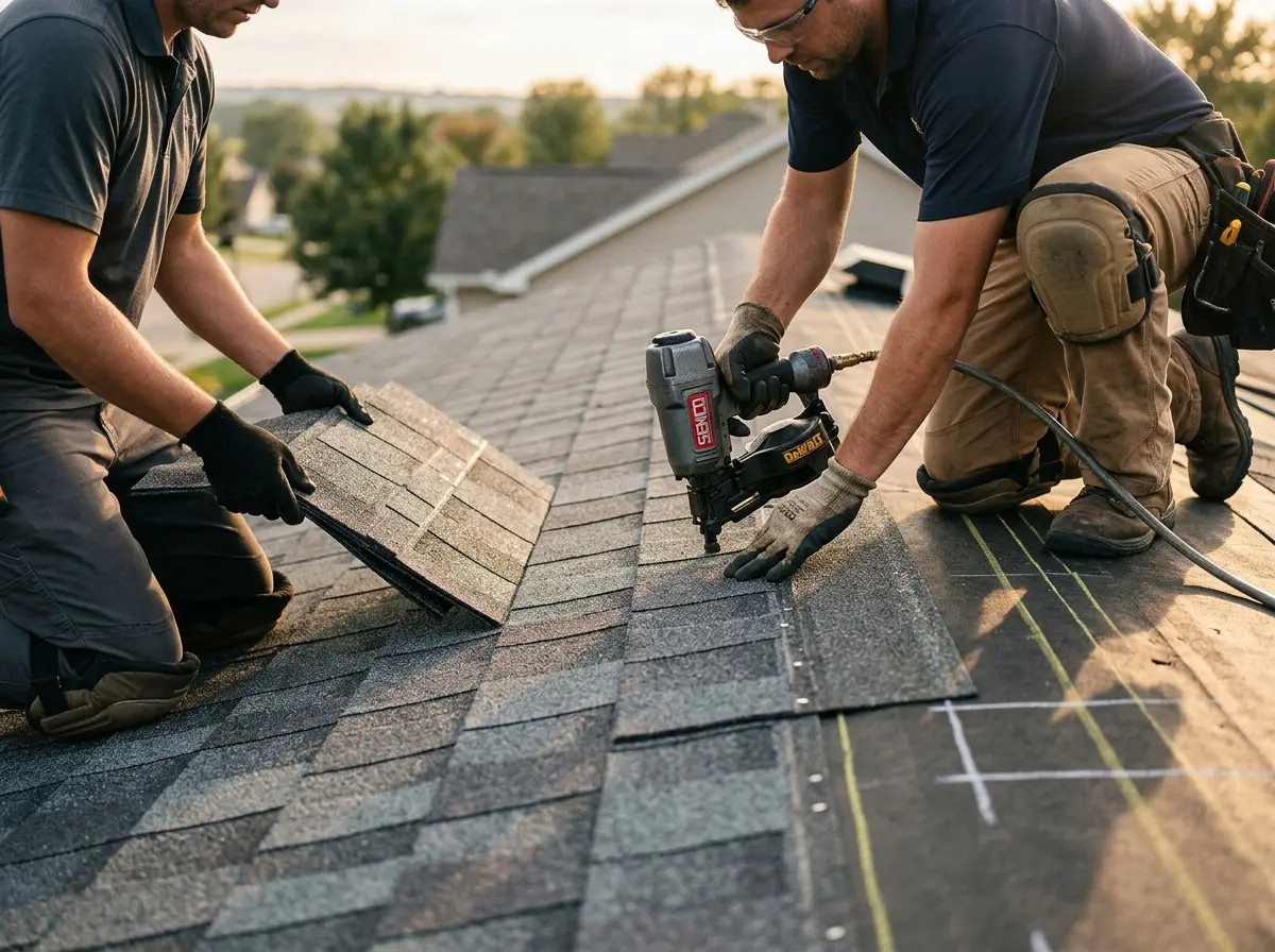 Professional roofer working on a residential roof in Belle Plaine